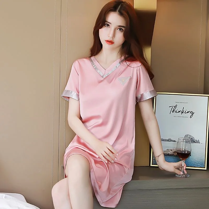 2024 Summer Short Sleeve Sexy V-neck Silk Satin Nightgowns for Women Korean Cute Sleepwear Nightdress Night Dress Home Nighty