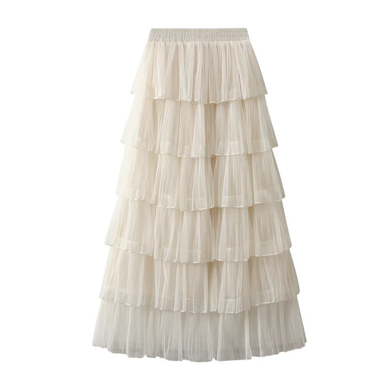 New Summer Korean Mesh Half Body MIDI Skirt Spring and Autumn Super Fairy Layered Cake Skirt Women's Knee Long Beach Skirt