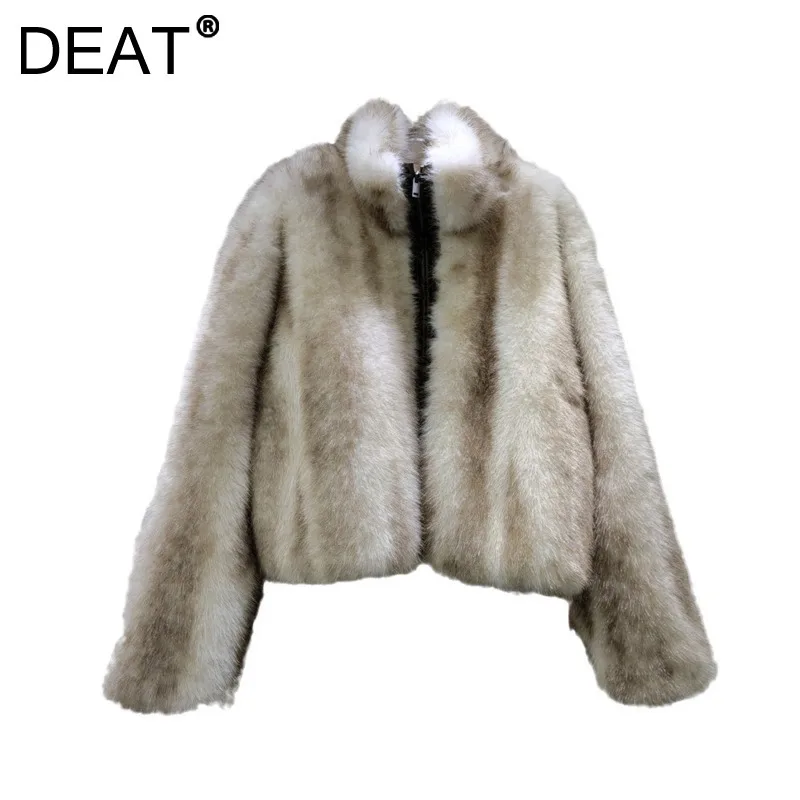 DEAT Women's Coat Stand Collar Tie-dye Faux Fur Thick Zipper Long Sleeve Female Warm Jackets 2025 New Fashion Spring 29L9031