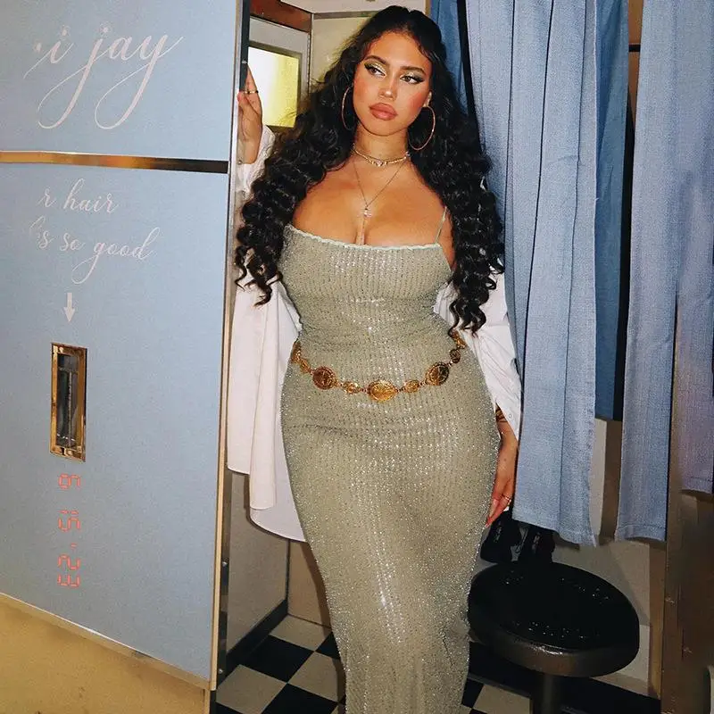 Femmes élégantes paillettes paillettes bretelles Spaghetti robes Maxi soirée fendue sans manches robe longue Costume mince tenues maigres