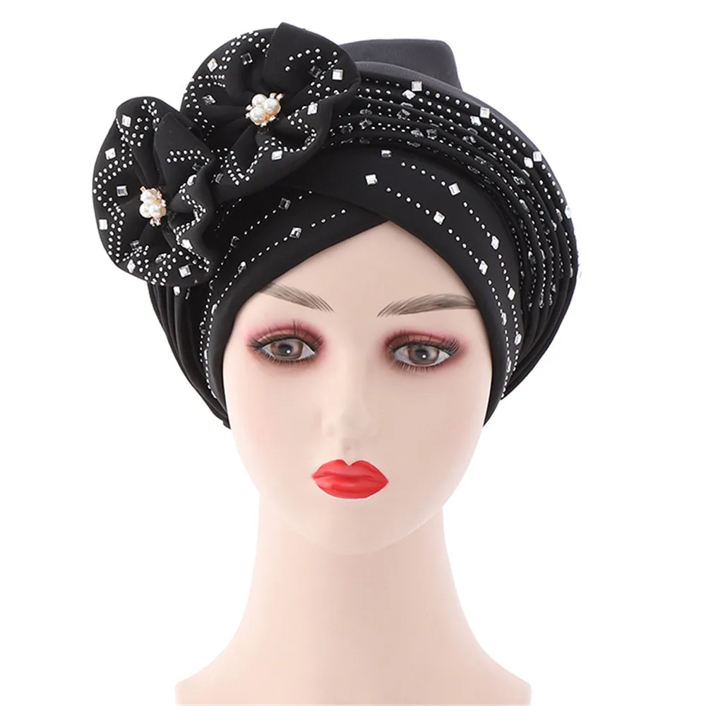 Fashion African Autogele Headtie Nigeria Party Headgear Women Head Wraps Female Turban Cap with Diamonds