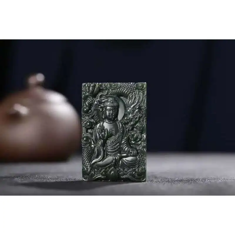 Hetian Green Guanyin Men, Ornament, Double-Sided Amulet, Bodhisattva Jade Pendant