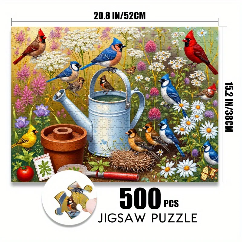 Puzzle di carta da 500/1000 pezzi: paesaggio del giardino primaverile con uccelli colorati e attrezzi da giardinaggio - Grande puzzle giocattolo per adulti, famiglia