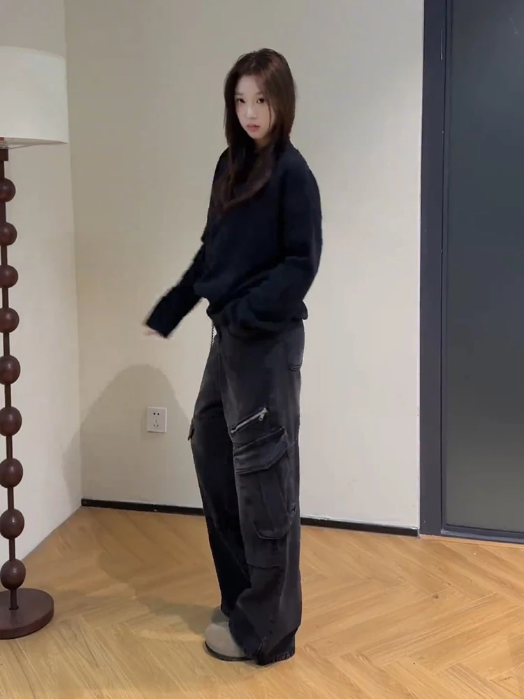 

American Retro Workwear Jeans Men's Zipper Large ket Design Straight Leg Wide Leg Pants High Street Vibe Youth Faion