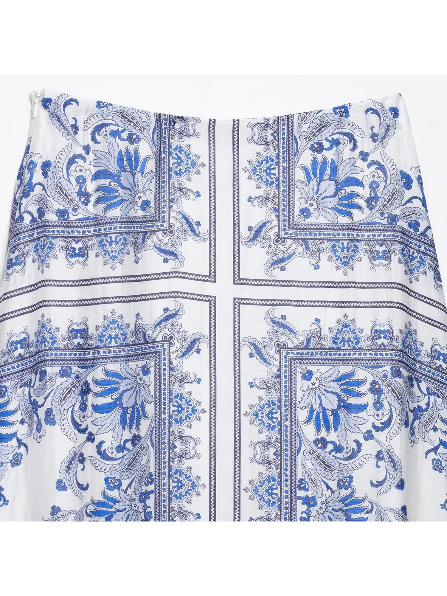 Women's Blue Flower Print Mid Long Skirt Vintage 90s Aesthetic High Waist Skirt Harajuku Y2k A-line Skirts 2000s Clothes Summer