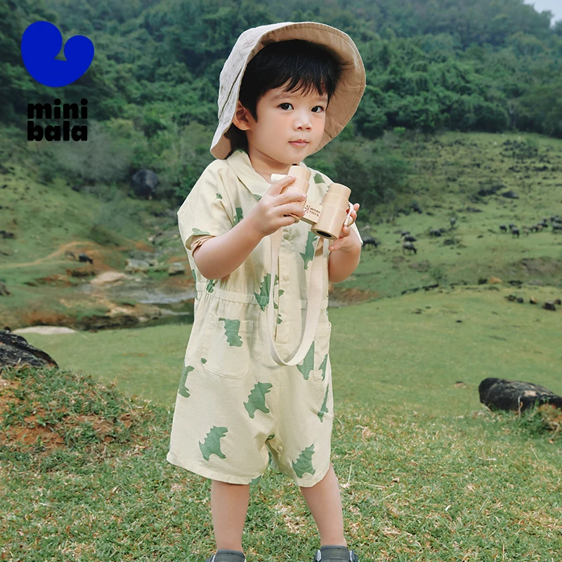 Mini Bala Infant Outfit Short Sleeve Outfit Crawling Suit Loose Spring and Summer Children Dinosaur Design Loose