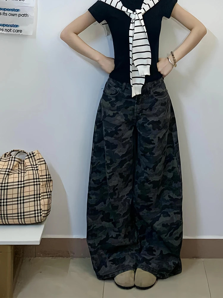 

High Waist Wide Leg Camouflage Denim Jeans Women's Summer New Style Worn-In Floor-Length Pants Retro plus Size Ladies Jeans