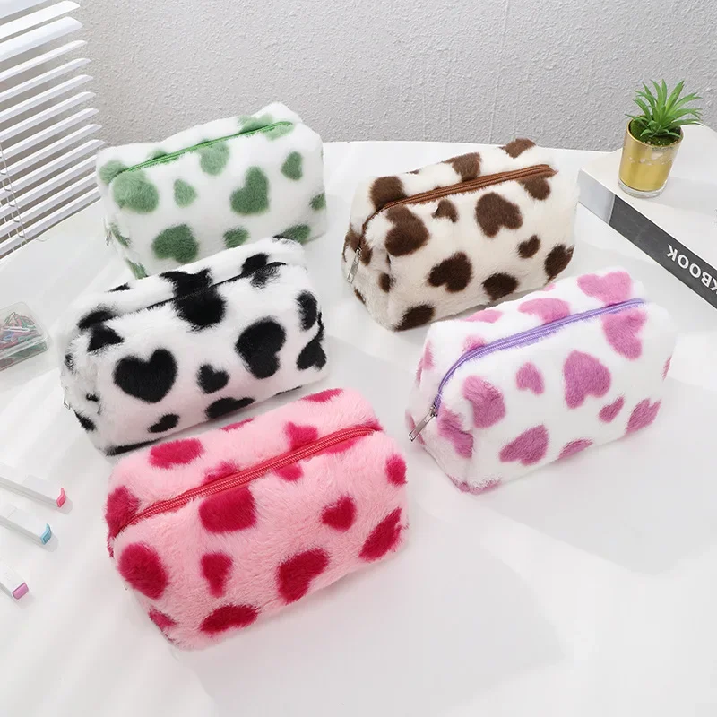 Women Plush Heart Print Makeup Organizer Pouch Fashion Cosmetic Bag Cute Kawaii Pencil Case Bags Travel Coin Purse Storage