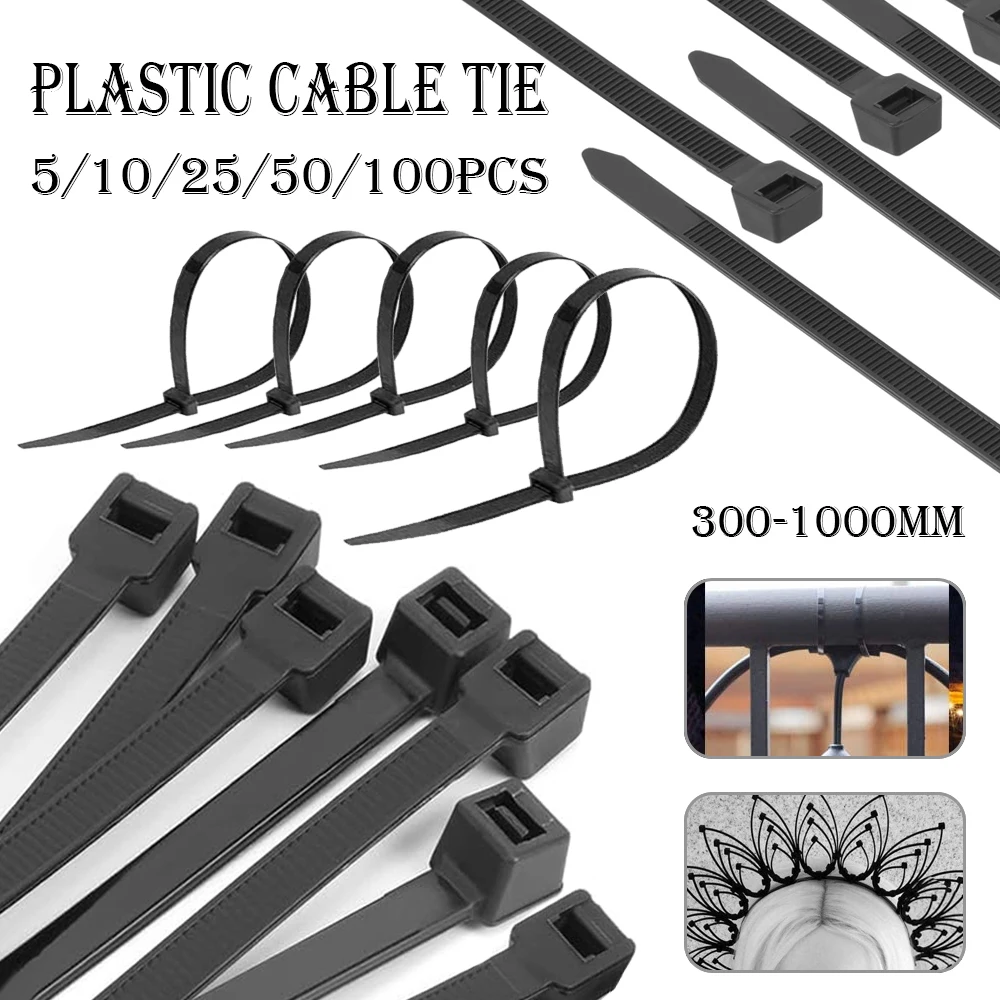 5-100pcs Plastic Nylon Cable Ties Self-locking Cord Straps Adjustable Cables Fastening Loop Home Office Wire Zip Tie 300-1000mm