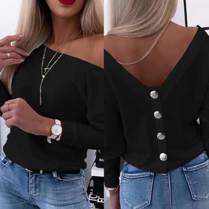 Autumn Long Sleeve Chic Back Buttons Pullovers Shirts Women Elegant Slim Fit Casual Blouse Women Fashion Solid Skew Collar Shirt