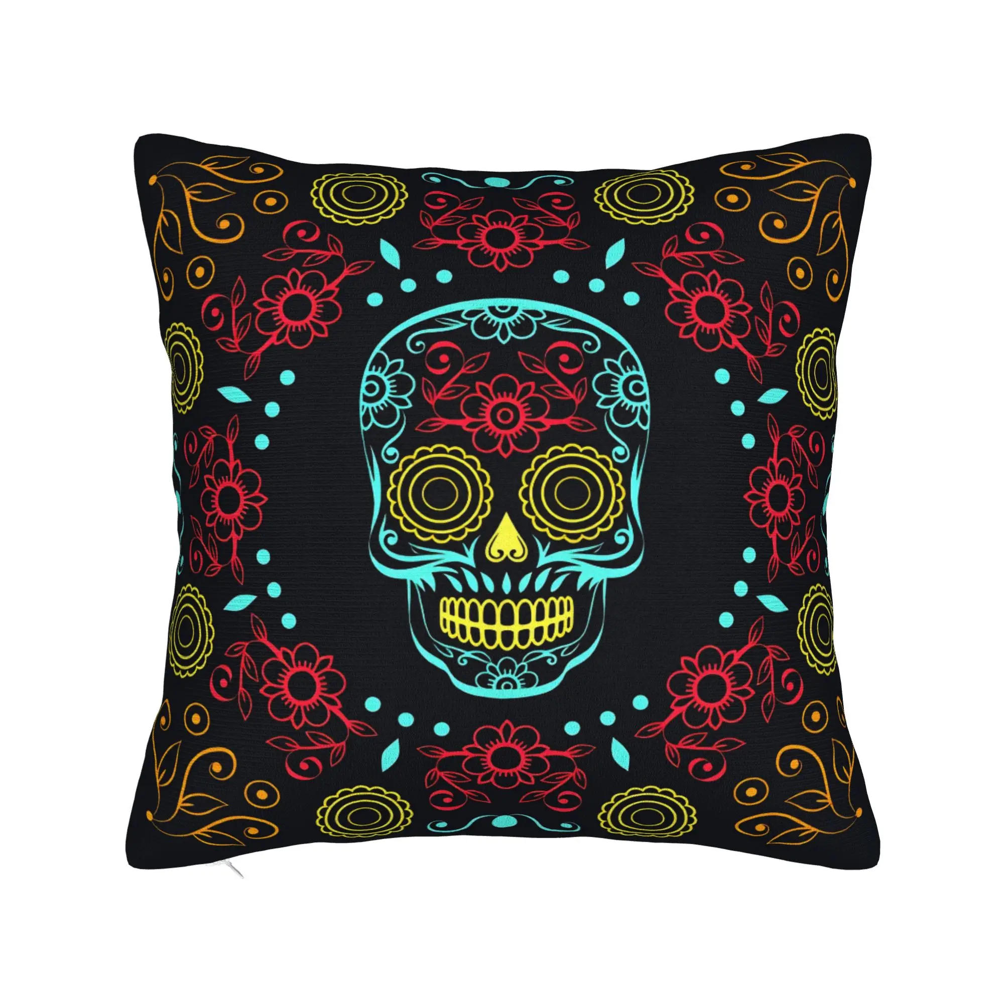 Black Grey Skull Face Día de los Muertos Pillow Case  Soft Pillow Cover For Sofa Home Decoration Retro Trendy Pillowcases