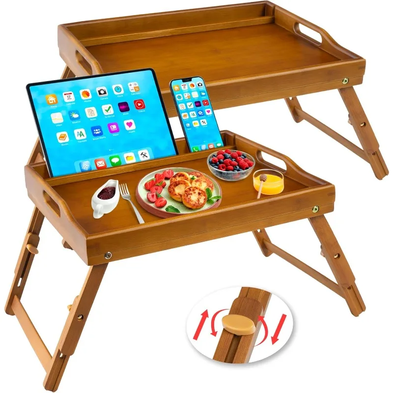 

2 Pack Bed Tray Table with Handles Folding Legs, Bamboo Breakfast Food Tray with Media Slot, Use As Platter, Laptop Desk