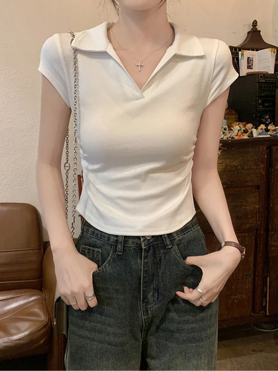 Sexy T Shirt Skinny Slim Basic Solid Crop Top Short Sleeve Polo TShirtCasual Top Tee for Women
