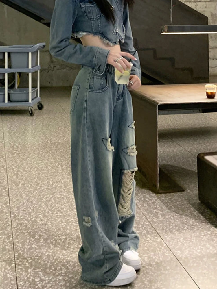 Zerrissene Jeans für Frauen Baggy Hose mit weitem Bein Vintage Chic Schulmädchen Mode All-Match Hotsweet koreanischen Stil lässige Streetwear