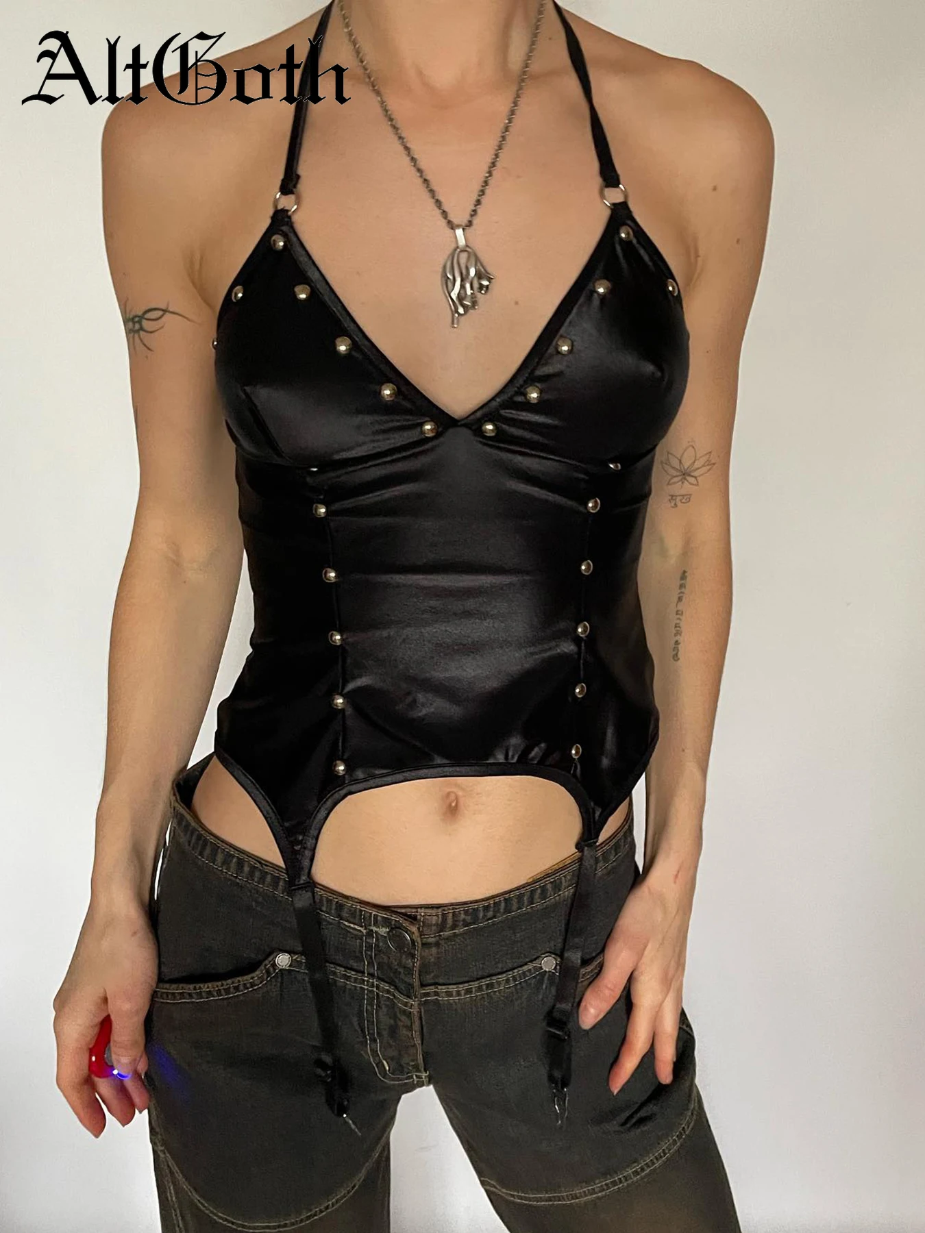 AltGoth Harajuku Cyber Punk Pu Camis Women Dark Gothic Streetwear Grungen Emo Alt Backless Rivets Halter Crop Tank Tops Female