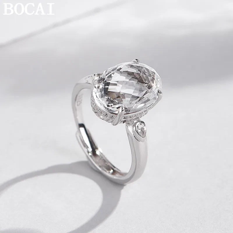 

BOCAI S925 Sterling Silver Jewelry Simple And Versatile Oval Shape Natural White Crystal Engagement Ring Women's Selected Gift