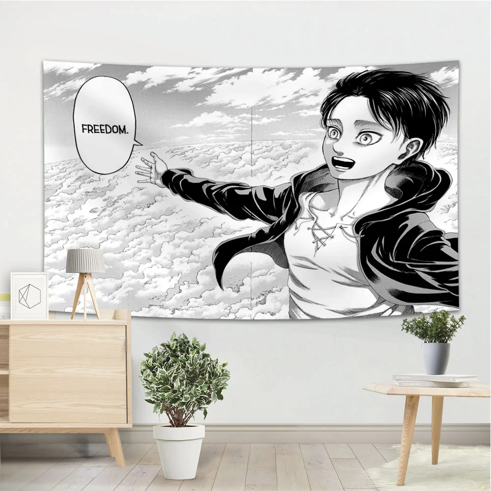 Eren Jaeger Freedom Tapestry Manga Poster Wall Hanging Kawaii Japanese Anime Flags Background Cloth Aesthetic Living Room Decor