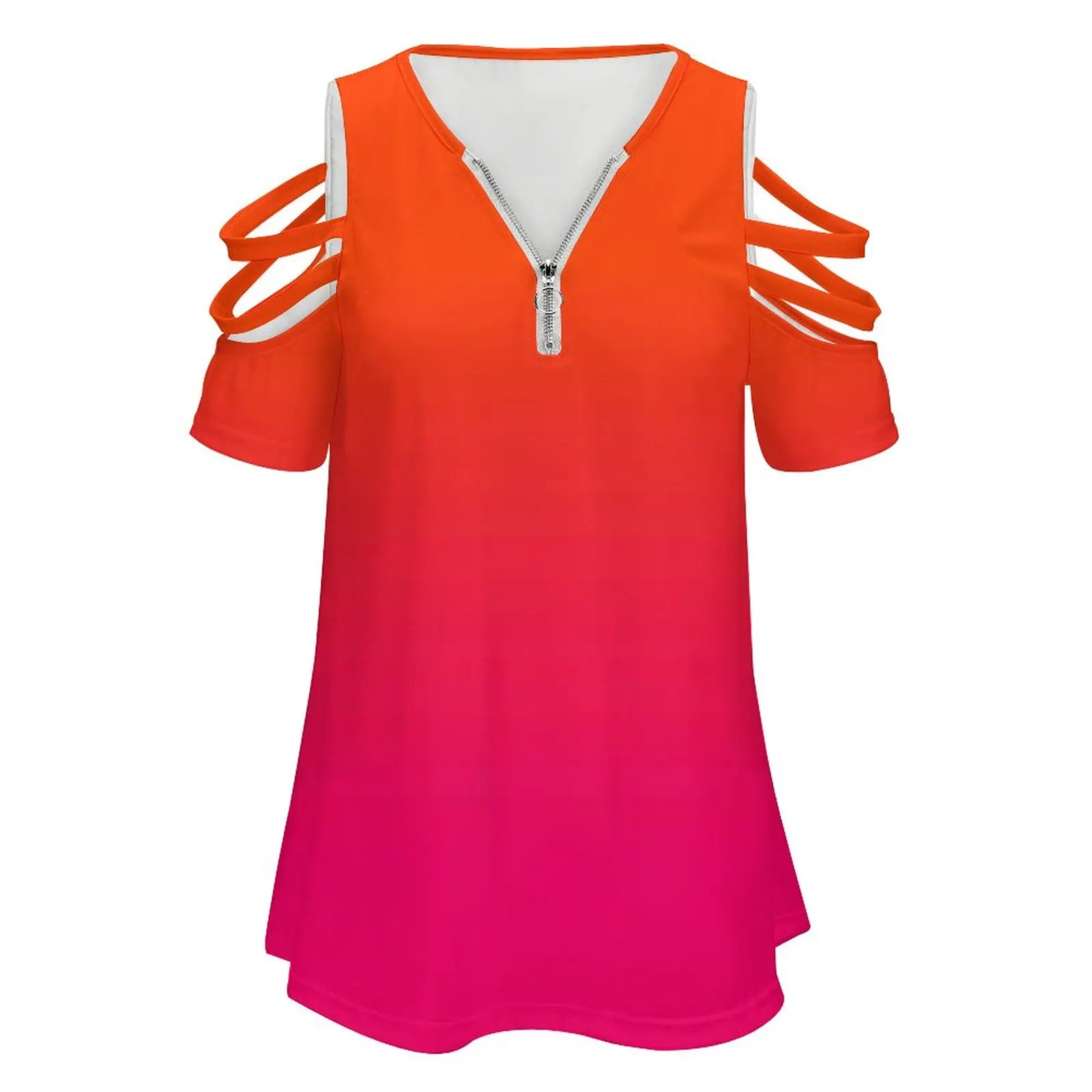 Neon Orange And Neon Pink Ombre Shade Color Fade New Fashion Zip Off Shoulder Top Short-Sleeve Women Shirt Neon Orange Hot Pink