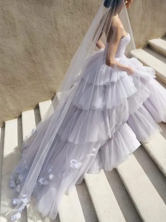 Pretty Lavender Tiered Tulle Bridal Dresses With Flroal Veil Puff A-line Tutu Tulle Formal Party Gowns Lace Up Women Maxi Dress