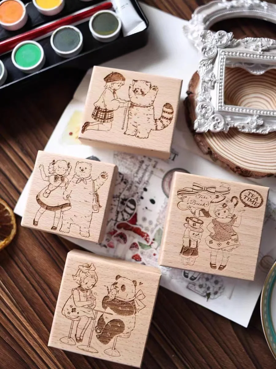 Vintage Lovely Bear Girl Panda Wooden Rubber Stamp for DIY Scrapbooking Photo Album Card Making