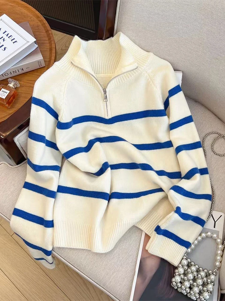 Women Blue Stripes Zippers Pullover Sweater Harajuku Korean Y2k Long Sleeves Cashmere Sweaters Vintage 2000s Clothes Autumn 2024