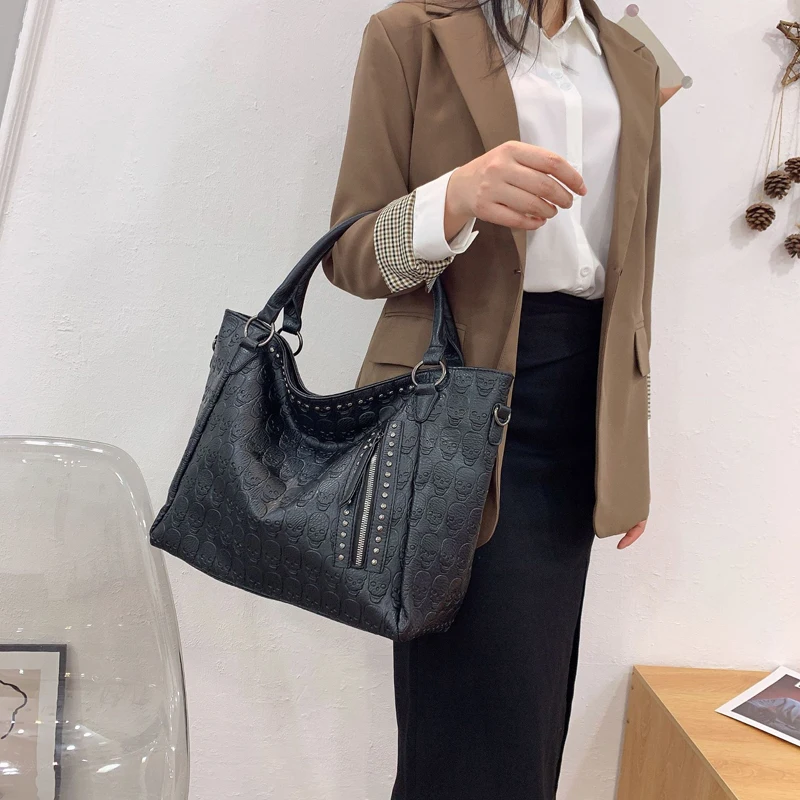 

SHELKSBAG Womens Vintage Large Handbag New in Black Tote Bags PU Leather Gothic Purse Skull Embossed Shoulder Bag Punk Satchel