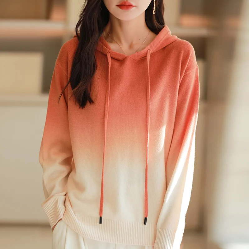Women New Gradient Hooded Collar Sweater Outwear Fine Wool Thickening Pullover Autumn Winter Bottoming Casual Warm Knitting Tops