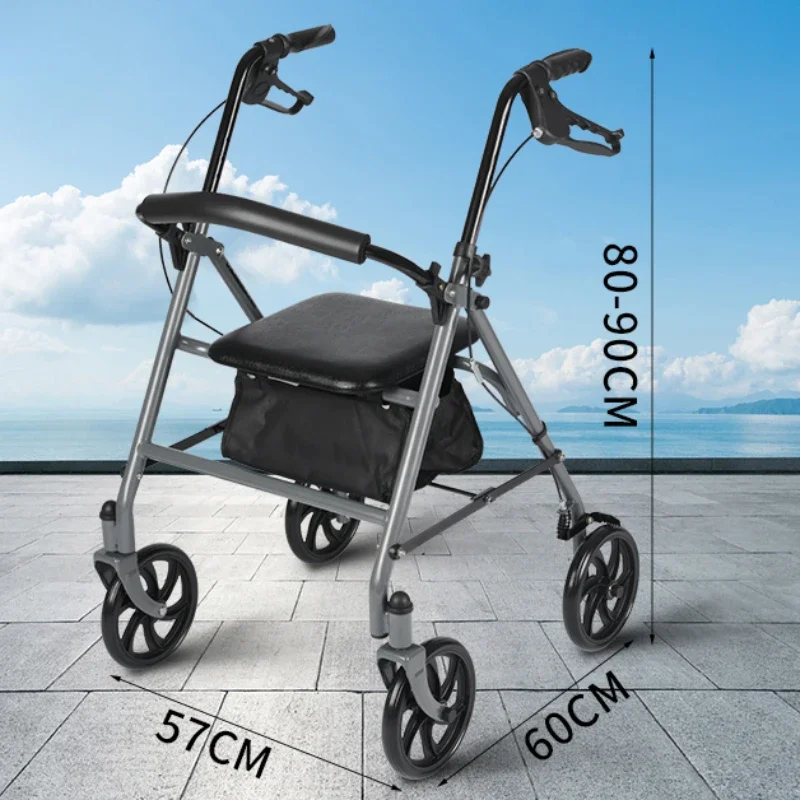 Walking Aid for The Elderly, Safe and Seatable Walker, Adjustable Height Assisted Mobility Scooter, One-Touch Folding Trolley