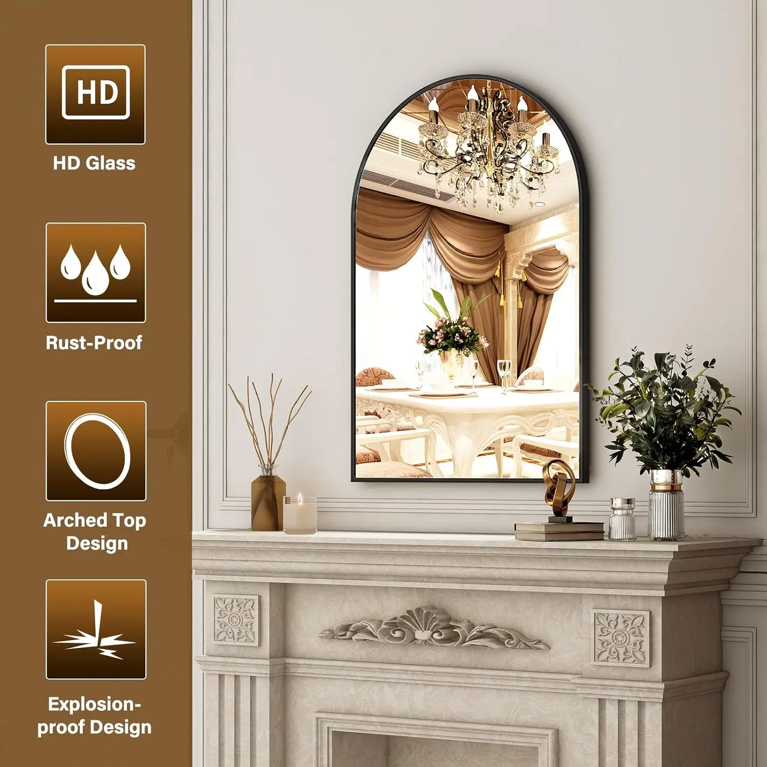 24x36인치 검정색 아치형 욕실 거울 (금속 프레임 포함), 화장대, 거실, 침실 장식용