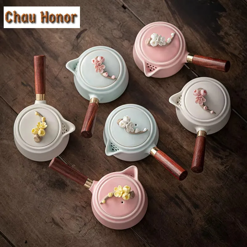 

200ml Boutique Celadon Handmade Knead Plum Blossom Ceramic Side Handle Tea Maker Pot With Filter Kungfu Teaware Accessories Gift
