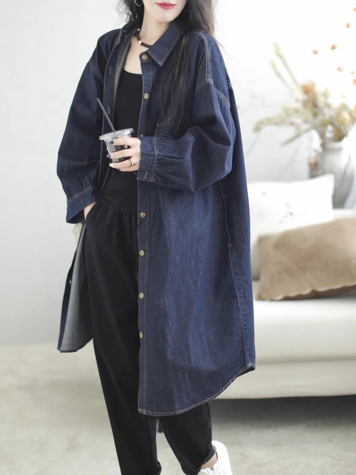 

Женское джинсовое пальто в стиле ретро Dr Long Sve Collar Oversized irt Jaet Coat ex Sle Pure Color, свободный крой средней длины