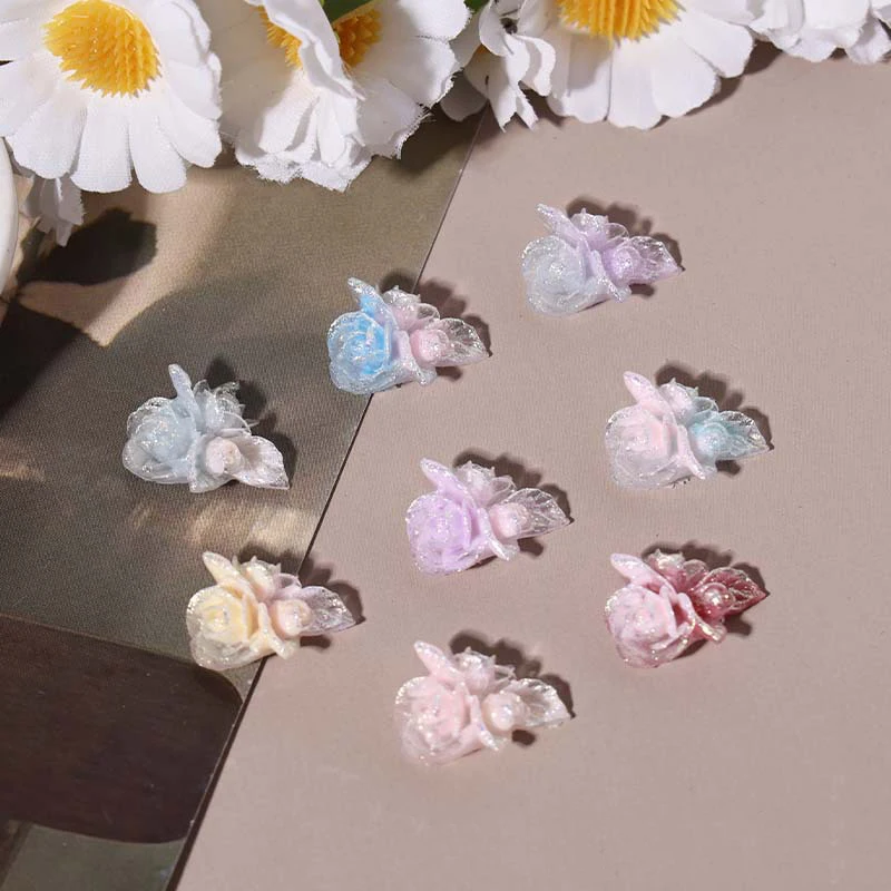 50pcs Glow In Dark 3D Rose Nail Charms Multicolor Translucent Resin Flower Ornaments Flatback Nail Decor for DIY Manicure Craft