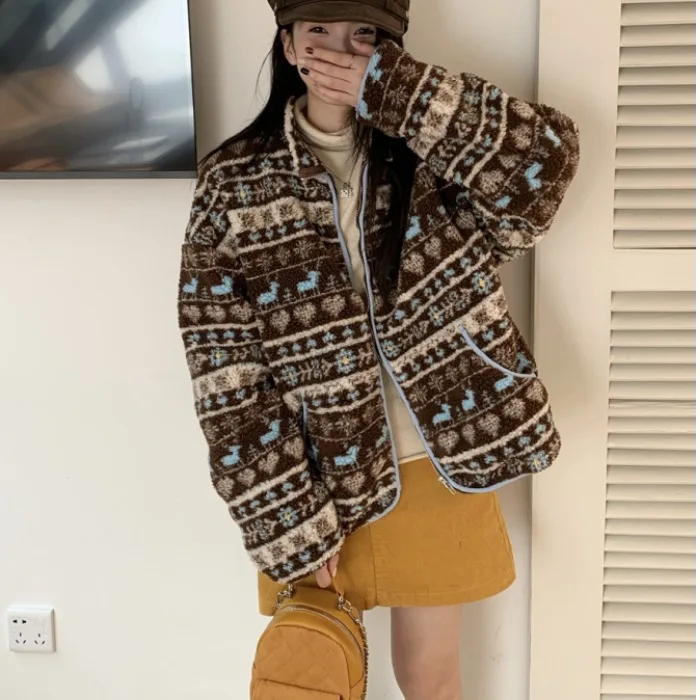 

Women's Casual Cotton Jaet Lamb Fur Lined Zipper up Color Blo Vintage Sle Long Sve Loose Fit Commute Wear