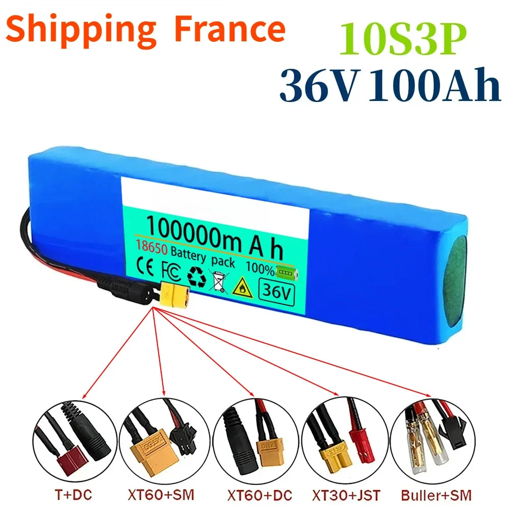 Shipping  France 36V 100ah 18650 Lithium Battery 10s3p 100000mah 1000w 42V Electric Scooter Power Battery with Battery Pack