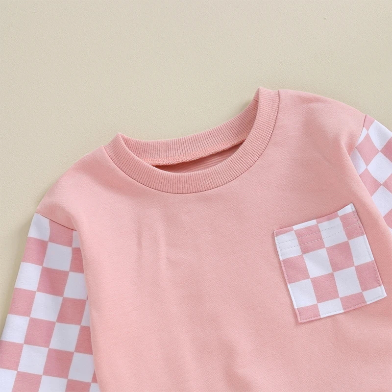 Newborn Baby Girl Clothes Checkerboard Print Long Sleeve Crew Neck Sweatshirts Long Pants 2Pcs Fall Outfits