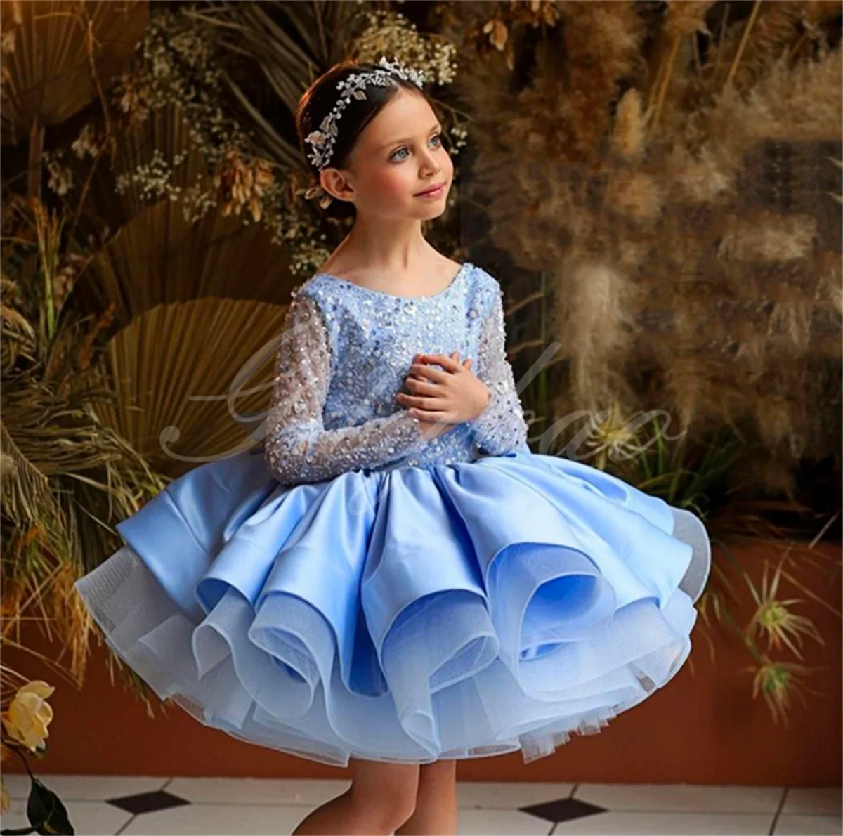 Baby Girl Birthday Fluffy Dress Infant Sequin Baptism Gown Flower Wedding Costume Kids Long Sleeved Vestidos Girl Wedding Dress