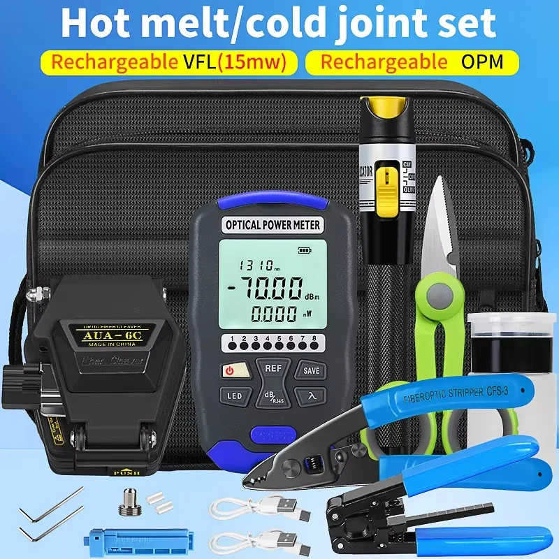 

22pcs/set Rechargeable FTTH Fiber Optic Tool Kit with -70~+10dBm Optical Power Meter 15MW Visual Fault Locator AUA-6C cleaver