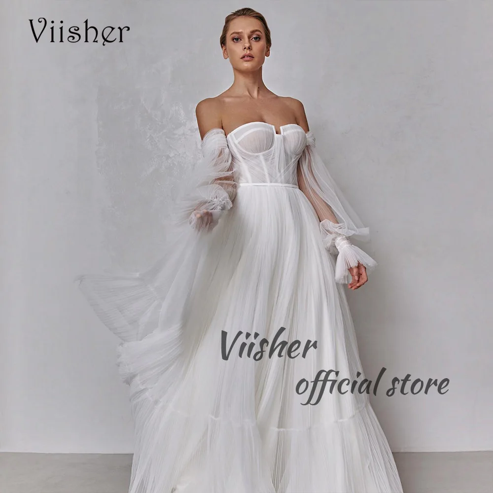 

Viisher White Tulle A Line Wedding Dresses Corset Sweetheart 3/4 Sleeve Beach Bridal Gowns Simple Civil Wedding Bride Dress