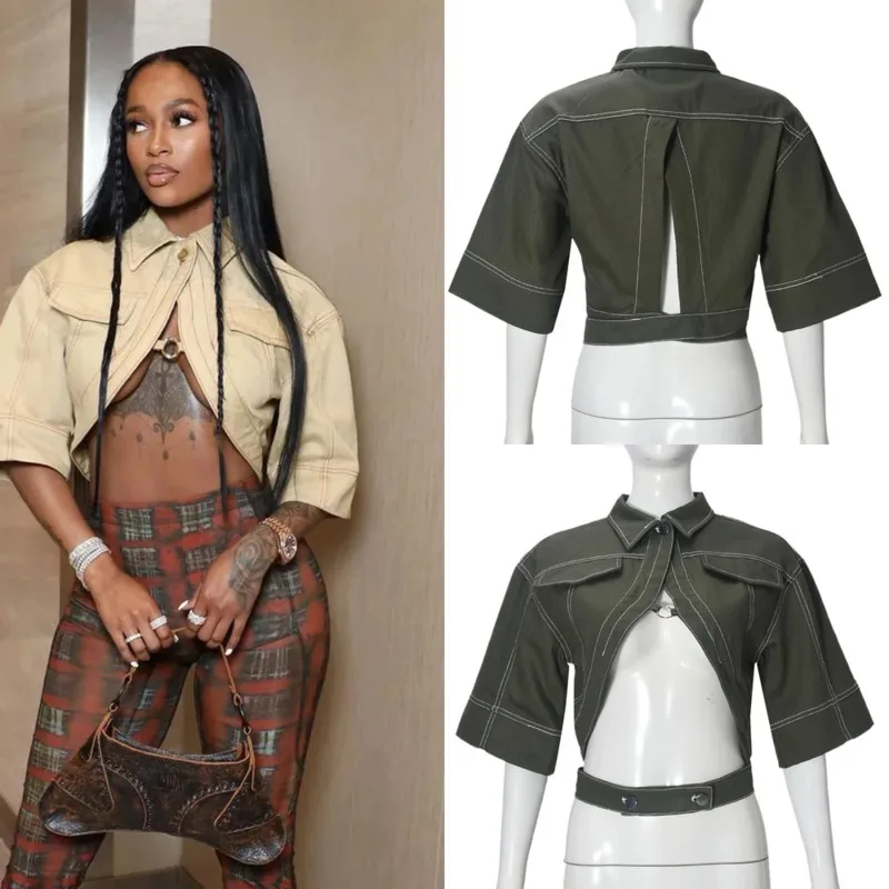 

Women Solid Lapel Cut Out Crop Top Half Sleeve Cropped Jacket Button Front Open Front Streetwear Casual Going Out Clubwear Y2K