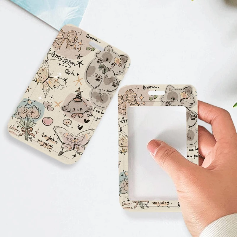 Doodle Kitten Butterfly for Bus Campus Lunch Card Keychain Photo Sleeves Bank Business Work Card Holder Girls Door Card Case