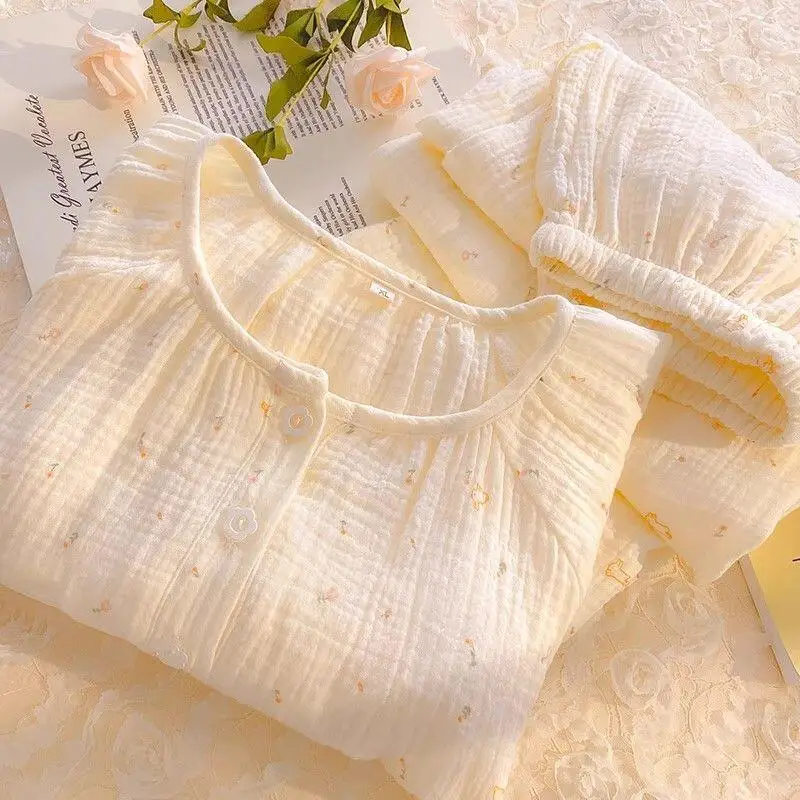 

Женский комплект пижамы из хлопковой марли с длинными рукавами, милый домашний костюм в корейском стиле для весны и осени, женский комплект из двух предметов для прогулок