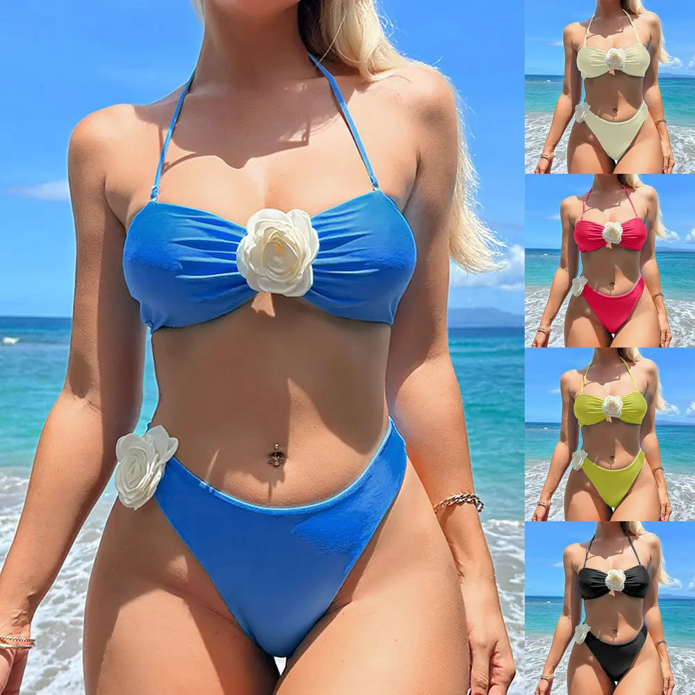 

Bathing Suit Women 3D Floral Solid Bikini Suit Sexy Lace Up Halter Bow Tie Swimwear Two-pieces Thong Swimsuit Beachwear