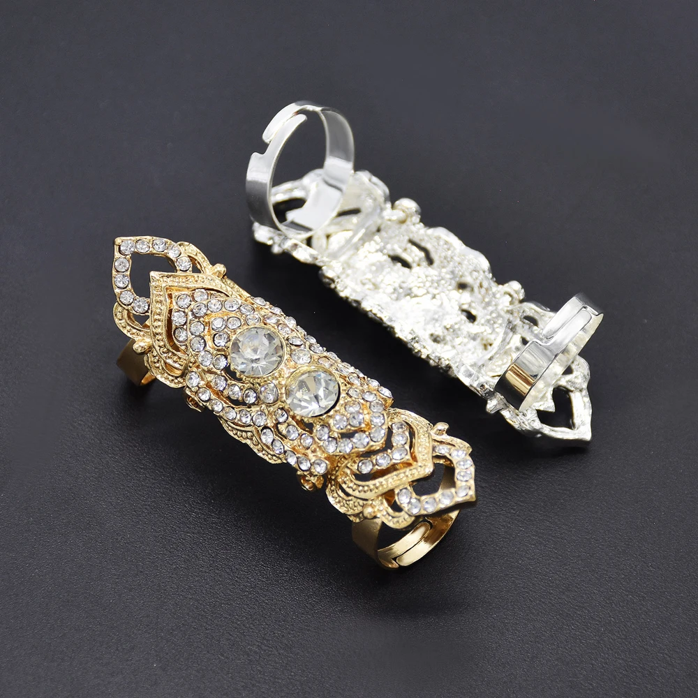 Golden Silvery Full Rhinestone Crystal Finger Joint Ring for Women Trending Adjustable Rings Cocktail Party Jewelry Accessories