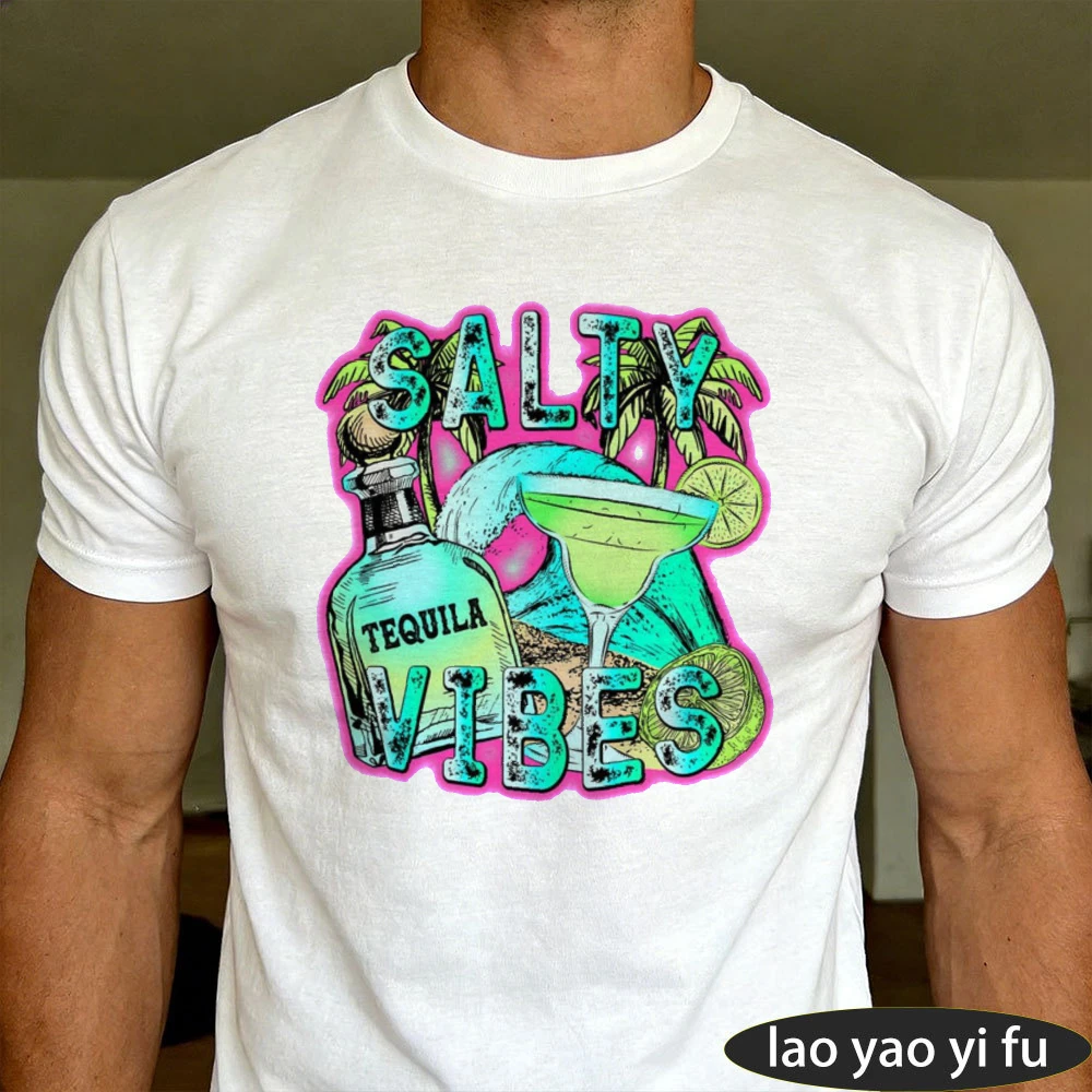 Salty Vibes Tequila Margarita Palm Tree Beach T-shirt en coton pour hommes, Cocktail tropical, T-shirt basique à manches courtes pour l'été