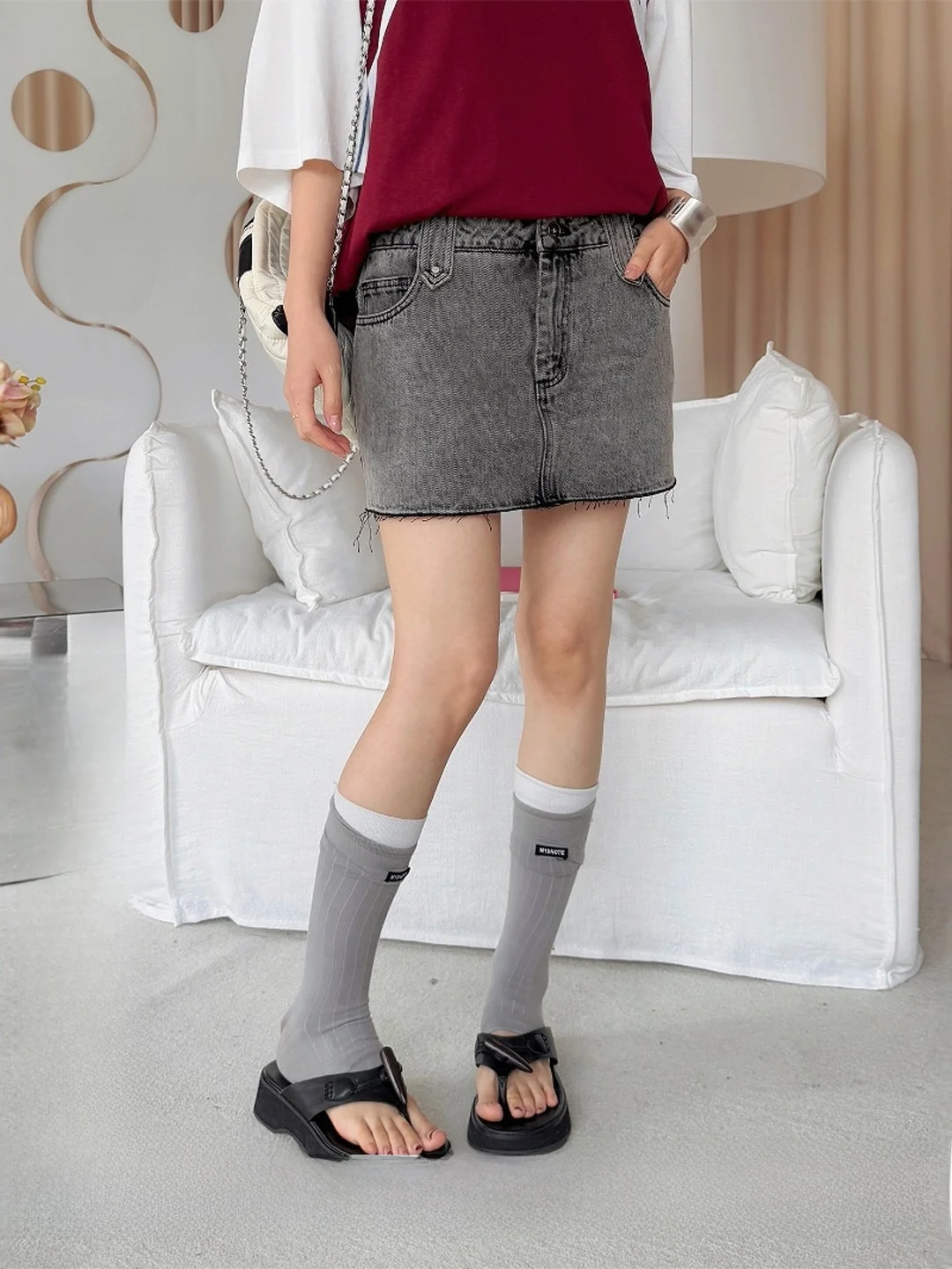 

7Annamooer Casual Denim Skirt Street Style mid Waist A-Line Cotton Blend Pure Color Fashionable Ladies Skirt