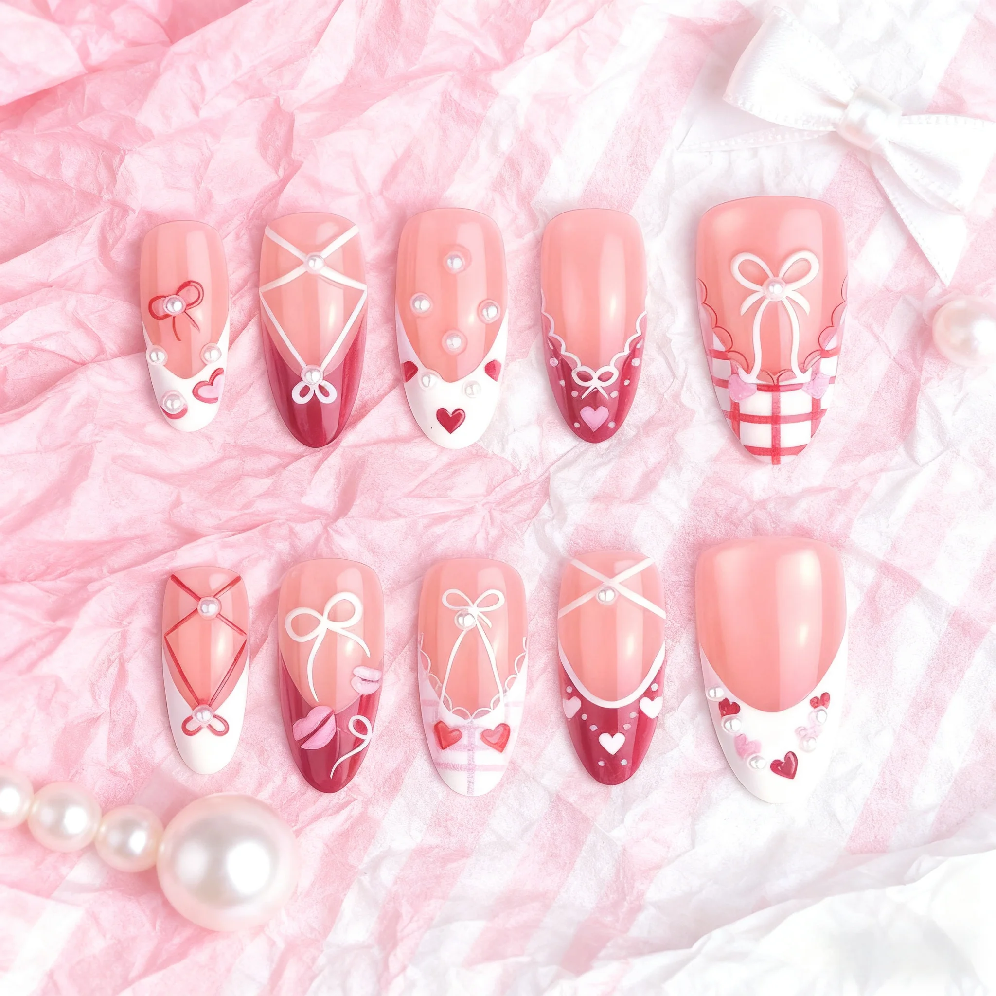 

30PCS Sweet Fake Nails Art With Bow Heart Pearl Design Fake Nail Short Almond Press on Nails Set Wearable French Nails Tip