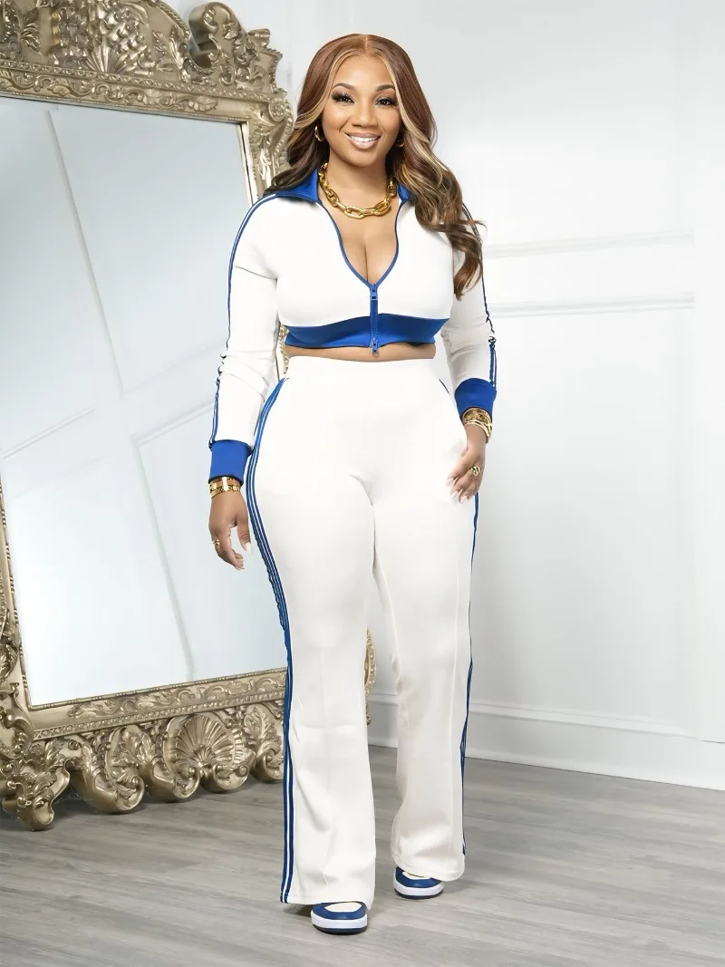 

2025 Осенние полосатые лоскутные женские спортивные костюмы, комплект из 2 предметов, куртки на молнии с длинными рукавами, укороченные топы + прямые брюки, повседневные костюмы