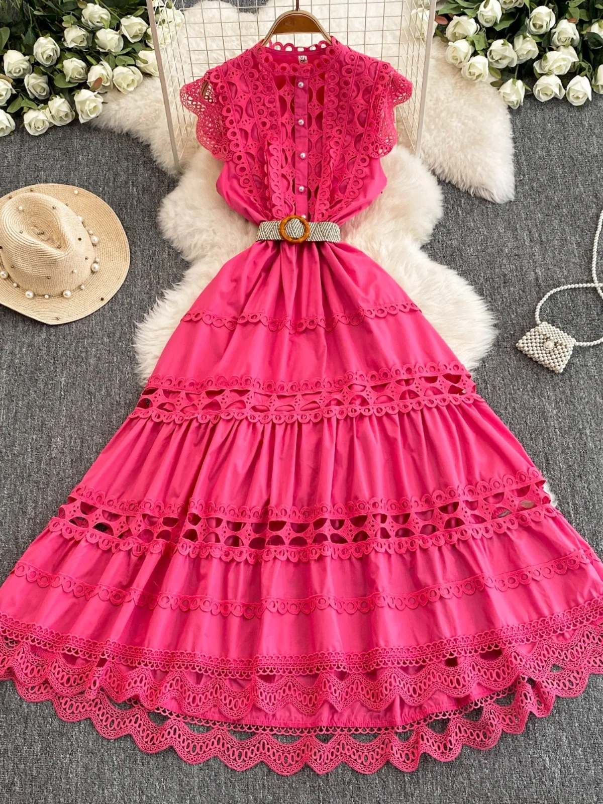 Ele Embroidered Hollow out Lace Trim Splice Svel Slimming Waist High Collar Midi Dr Korean Sle Commute Dr