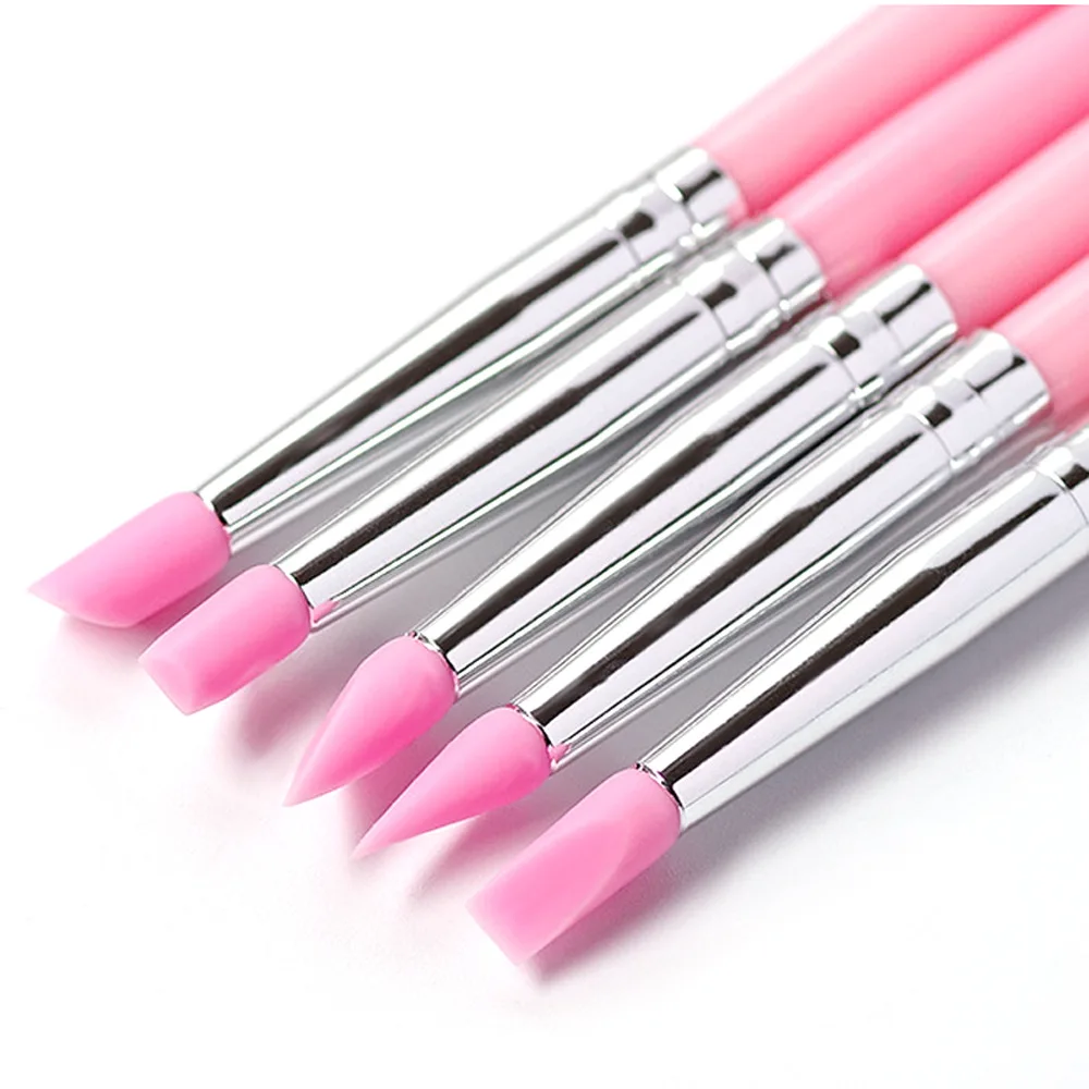 5Pcs/Set Pink Silicone Nail Art Brushes 5 Kinds Heads Craving/Embossing Flower Nail Pen DIY Dotting Gel Shaping Manicure Tools