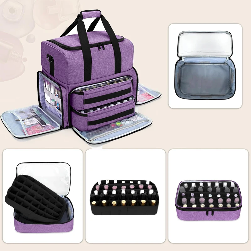 Detachable Nail Polish Organizer Bag Double Layers Hold 70 Bottles and Nail Lamp Portable Nail Polish Makeup Travel Case